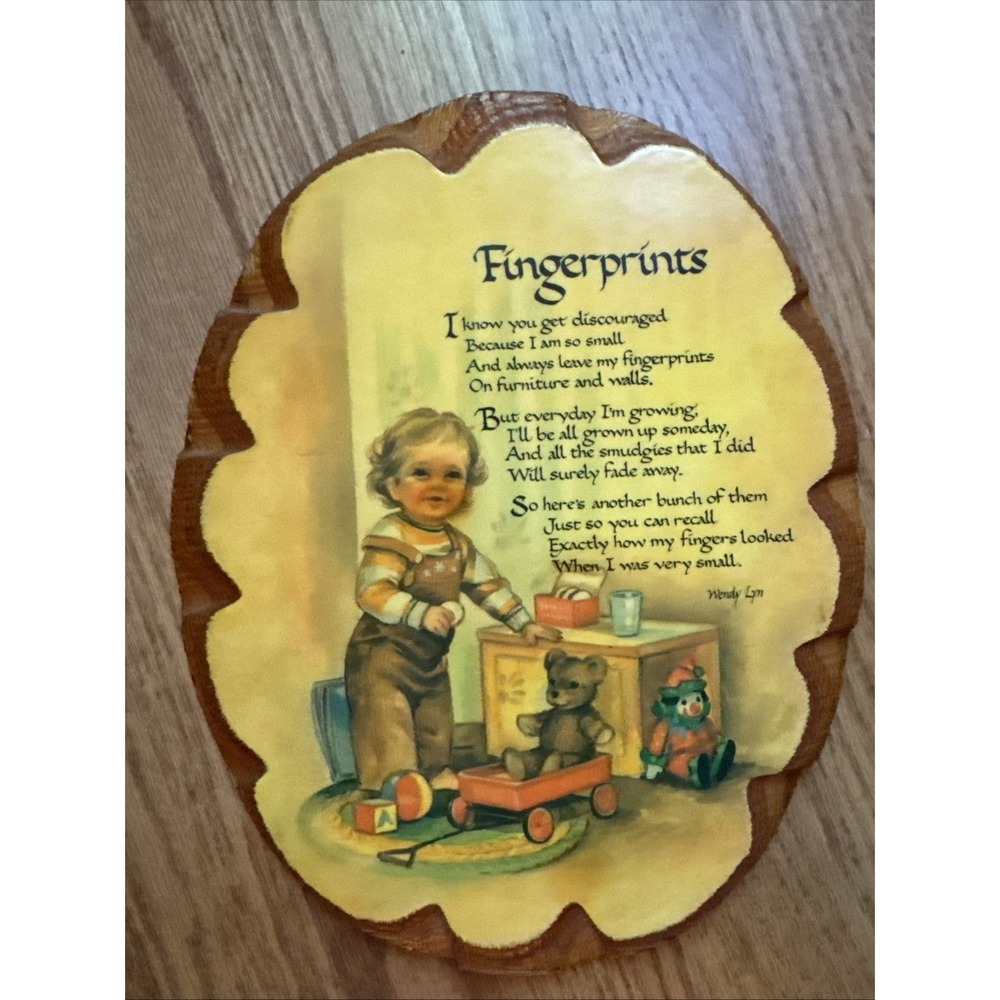 Vintage 1970s Wendy Lyn Fingerprints Poem Wood Wall Plaque Nursery Decor